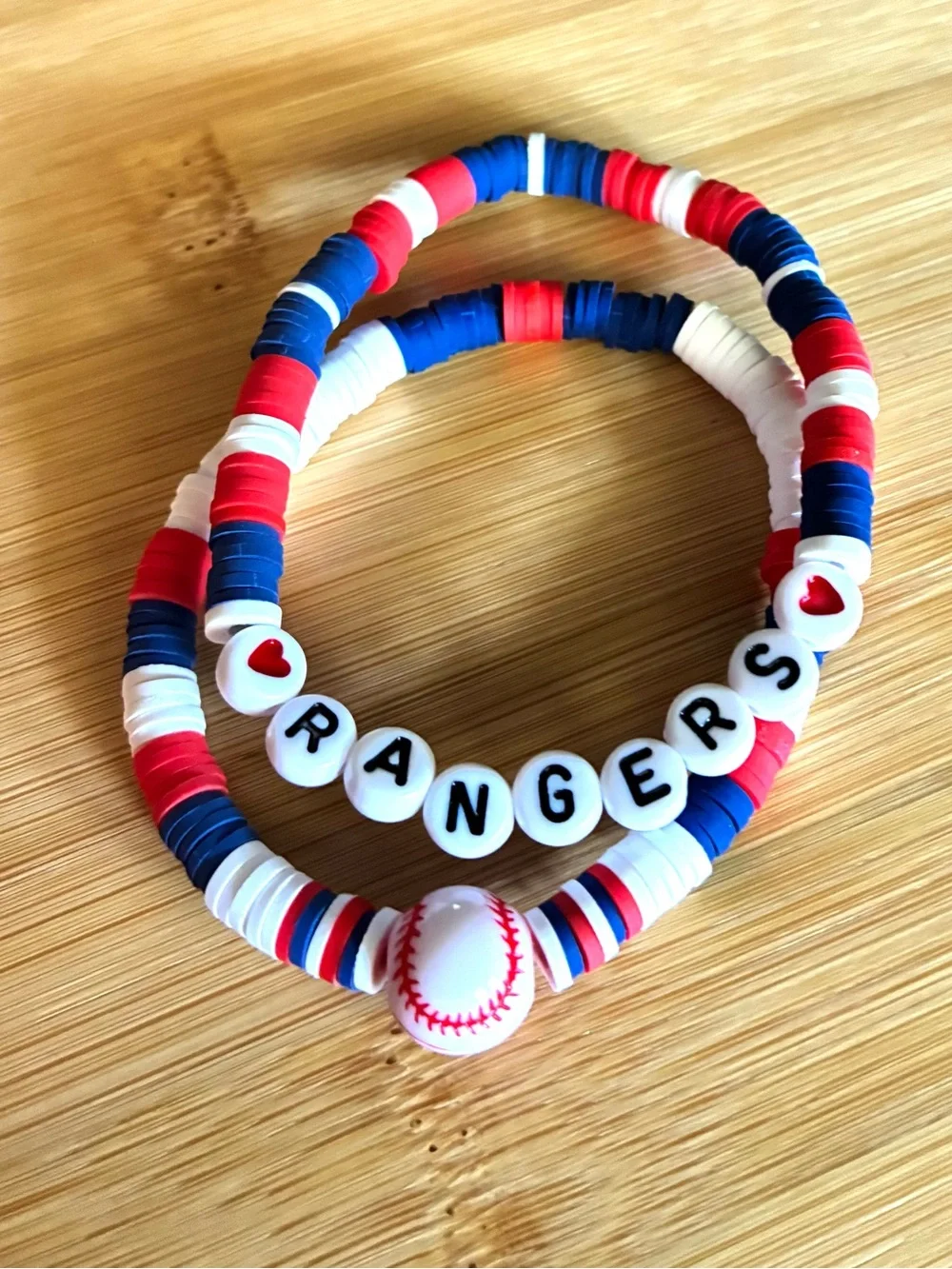 Rangers Beaded Baseball Stretch Bracelet Set-Red, White & Blue